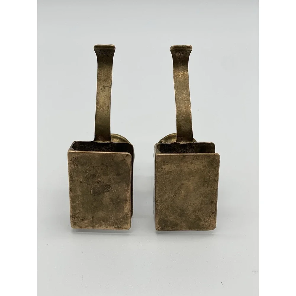 Vintage Pair Solid Brass Chamberstick Candle Holders w Matchbox Storage & Handle